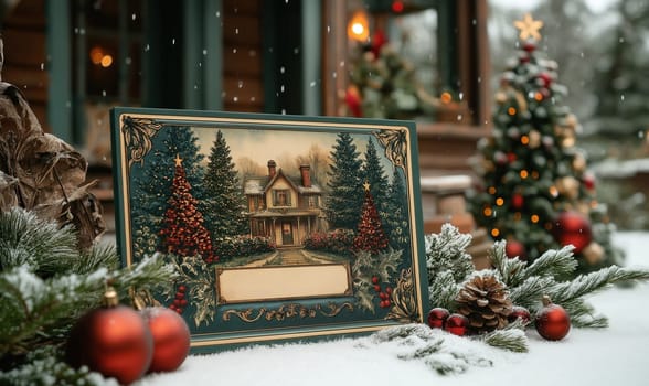 Vintage style Christmas card with a Christmas tree near a house. Selective focus.