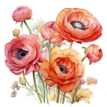 Stunning ranunculus arrangement showcasing rich colors and delicate petals. Perfect for adding touch of elegance to any design project, including posters, invitations, and interior decor