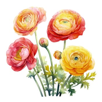 Vibrant bouquet of ranunculus flowers in vivid pink, yellow, orange hues, perfect for spring themed projects. Captures natures beauty, ideal for home decor, greeting cards, floral designs