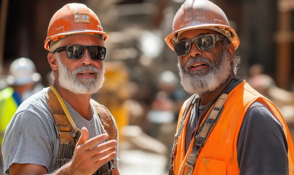 Construction workers in hard hats are having a dialogue. Selective focus.