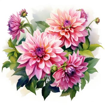 Beautiful illustration of vibrant red dahlias with detailed petals and fresh greenery. Perfect for botanical themes, artistic projects, and decor seeking a touch of floral beauty