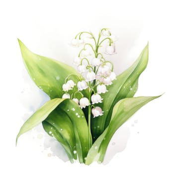 Charming depiction of lily of the valley flowers in soft watercolor, highlighting intricate details and fresh greenery. Ideal for floral designs, artistic projects, and nature inspired decor