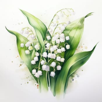 Delicate watercolor illustration of lily of the valley with lush green leaves, capturing serene beauty and elegance. Perfect for botanical art, nature themes, and elegant decor projects