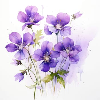 Elegant watercolor illustration of purple flowers with delicate petals and soft green stems. Ideal for floral designs, artistic projects, and decor seeking a touch of natural beauty
