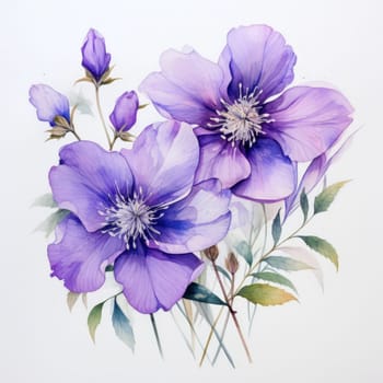 Charming depiction of vibrant purple blooms in soft watercolor, highlighting intricate details and gentle hues. Perfect for botanical themes, creative designs, and serene decor projects