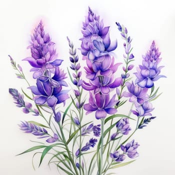 Beautiful watercolor illustration of lavender flowers in full bloom, capturing vibrant purple hues and delicate green leaves. Perfect for nature themes, artistic projects, and elegant decor