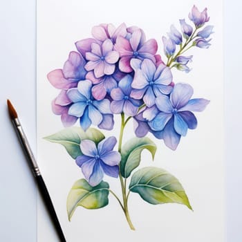 Beautiful depiction of hydrangea flowers with delicate watercolor details, showcasing rich colors and fresh foliage. Ideal for nature themes, creative designs, and serene decor projects