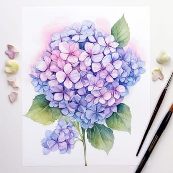 Stunning watercolor illustration of hydrangea blossoms in vibrant purple and pink hues, accented by lush green leaves. Perfect for floral designs, artistic projects, and elegant home decor