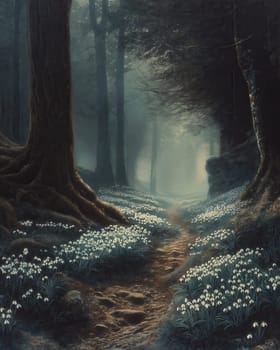 Watercolor forest with blooming snowdrops, bathed in soft morning light. Selective focus.