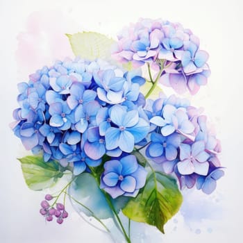 Beautiful depiction of hydrangea flowers with delicate watercolor details, showcasing rich colors and fresh foliage. Ideal for nature themes, creative designs, and serene decor projects