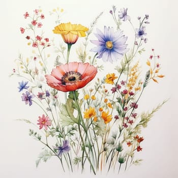 Vibrant watercolor illustration of wildflowers in a burst of colors, showcasing delicate petals and lush greenery. Perfect for floral designs, artistic projects, and nature inspired decor