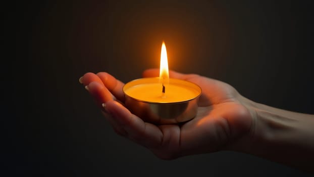 A soft candlelight glimmers delicately in an open hand, casting a serene glow around the fingertips. The atmosphere feels tranquil and intimate, ideal for reflection.