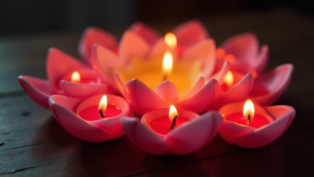 A beautiful lotus-shaped arrangement of candles casts a warm, inviting glow in the dim evening light, creating a tranquil atmosphere perfect for relaxation or meditation.