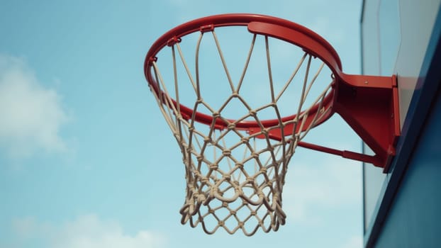 The bright basketball hoop hangs against a serene blue sky, its net gently swaying in the breeze, inviting players for a friendly match or practice on a warm afternoon.
