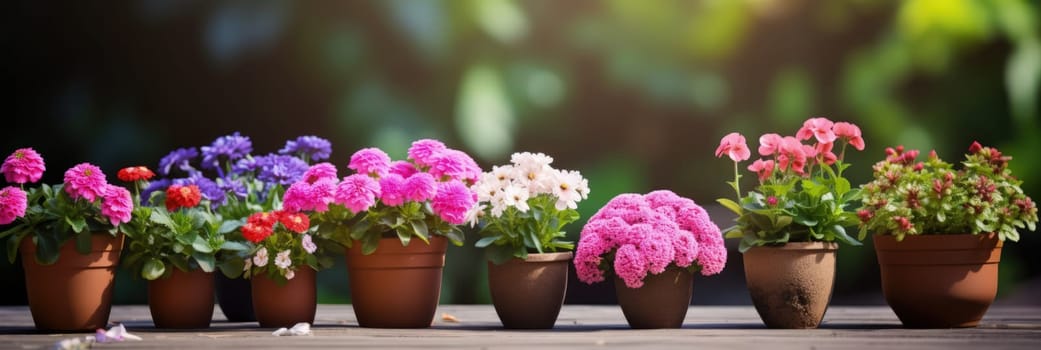 Charming display of colorful potted blooms against a blurred green background, perfect for nature themed designs, creative projects, and adding a touch of brightness to any space