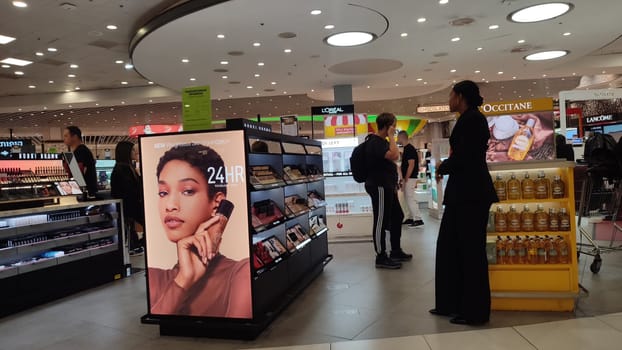 15 October 2024 Tel-Aviv Israel Ben Gurion airport, duty free shop, cosmetics department, body care products. High quality photo