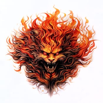 A fiery looking lion with red eyes and a mouth full of teeth. The lion is depicted with a fierce and angry expression, as if it is ready to attack