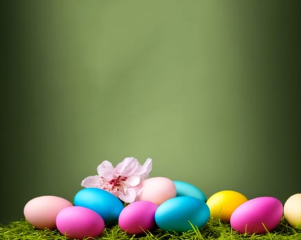 A bunch of Easter eggs are scattered on a green background with a pink flower in the foreground. The eggs are of different colors, including pink, blue, and yellow. Concept of celebration and joy