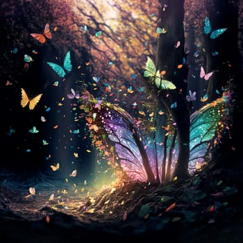 A colorful butterfly is flying through a forest with many other butterflies. Scene is whimsical and magical, as if the butterflies are dancing in the air