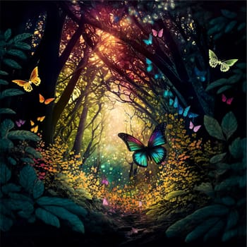 A colorful butterfly is flying through a forest with many other butterflies. The butterflies are of different colors and sizes, creating a vibrant and lively scene. Scene is joyful and whimsical