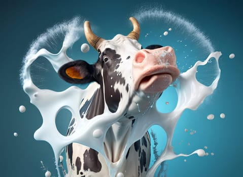 A cow is spraying milk from its mouth. The cow is in a milk splash, and the splash is all over the cow