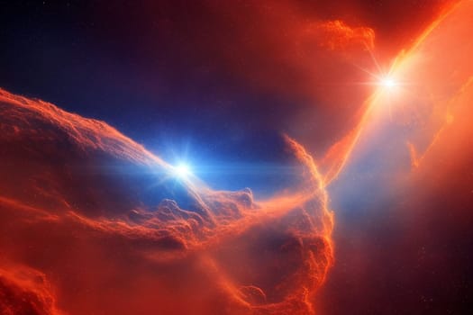 A space scene with two bright stars and a red cloud. The stars are shining brightly and the cloud is orange. The scene is full of energy and excitement