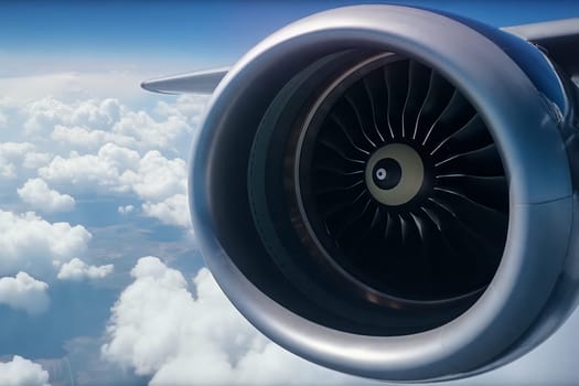 A jet engine is seen in the sky with clouds in the background. The engine is large and powerful, and it is the heart of the airplane