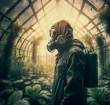 A man in a hazmat suit is standing in a greenhouse. The greenhouse is filled with plants and the man is wearing a gas mask. Scene is eerie and unsettling, as the man is in a dangerous environment