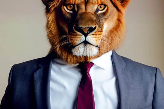 A lion wearing a suit and tie. The lion is looking at the camera with a serious expression