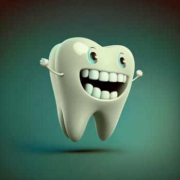 A cartoon tooth is smiling and has its mouth wide open. The tooth is white and has a cartoonish appearance