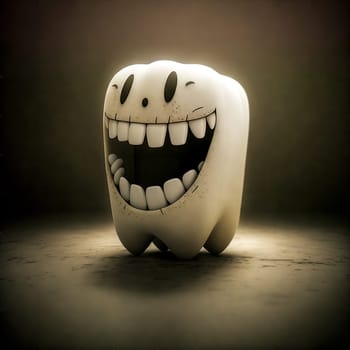 A cartoon tooth is smiling and has its mouth wide open. The tooth is white and has a black nose