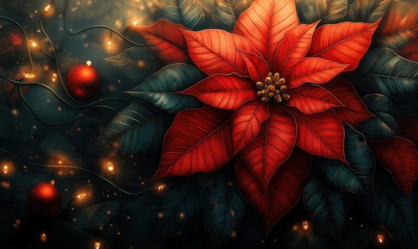 A Christmas card with delicate poinsettia. Selective focus.