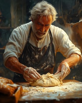 A baker kneads fresh dough on a wooden table early in the morning. Selective focus.