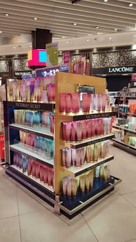 15 October 2024 Tel-Aviv Israel Ben Gurion airport, duty free shop, cosmetics department, body care products. High quality photo
