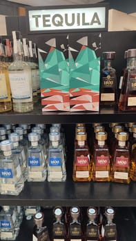 15 October 2024 Tel-Aviv Israel Ben Gurion airport, duty free shop, alcohol tequila in bottles. High quality photo