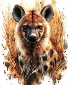 A watercolor drawing of an African hyena on a white background. Selective focus.