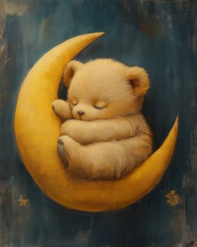 Cartoon bear sleeping on a moon on a blue background. Selective focus.