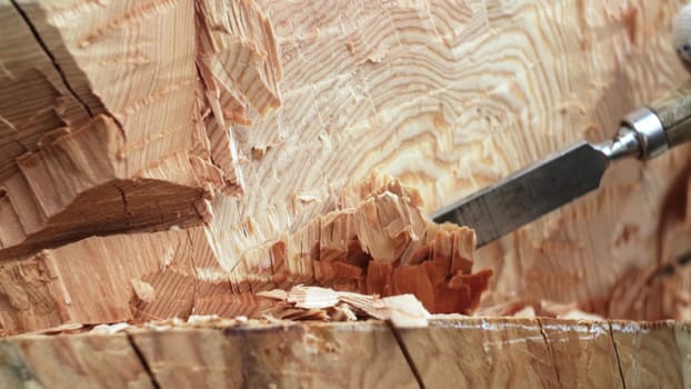Closeup of intricate wood grain expertly carved with precision, showcasing remarkable craftsmanship. Stock Clip