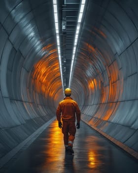 A worker in a hard hat walks in an empty illuminated tunnel. Selective focus.
