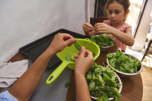 A mother and daughter are seen washing and preparing fresh spinach and herbs in the kitchen. The atmosphere is warm and nurturing, highlighting family bonding and healthy eating practices.