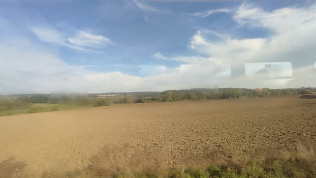 autumn landscape nature, green grass plain, gray sky clouds. High quality photo