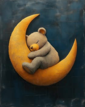 Cartoon bear sleeping on a moon on a blue background. Selective focus.