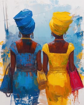 Watercolor, stylishly dressed girls with bags walking down the city street. Selective focus.
