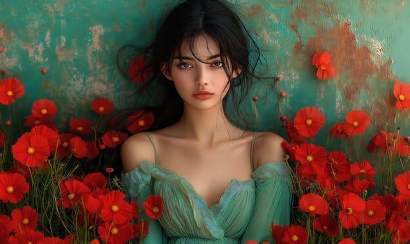 Girl in red flowers on a wall background. Selective focus.