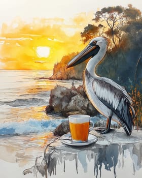A colorful watercolor painting of a pelican. Selective focus.