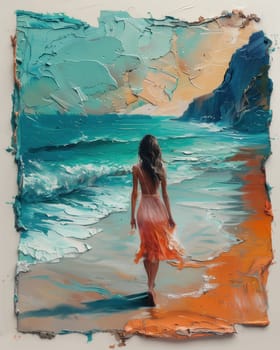 Oil painting of a girl walking on a beach. Selective focus.