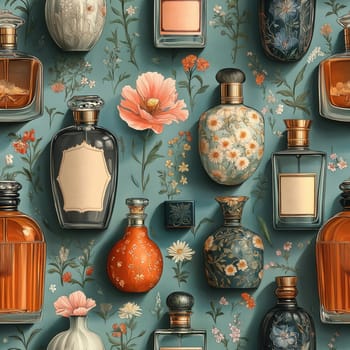 Seamless pattern, illustration with an assortment of perfume bottles. Selective focus.