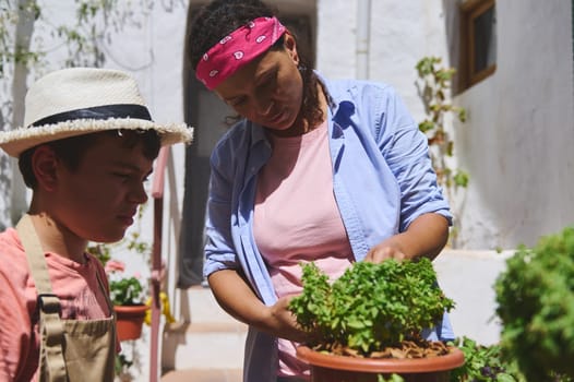 A mother and son spend quality time gardening in a sunny outdoor setting. The scene reflects a family-oriented, nurturing atmosphere filled with greenery and care.