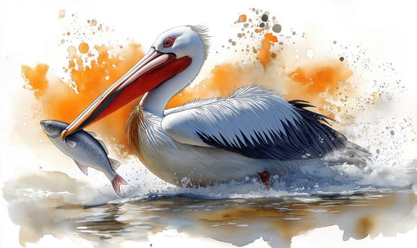 A colorful watercolor painting of a pelican with a fish. Selective focus.