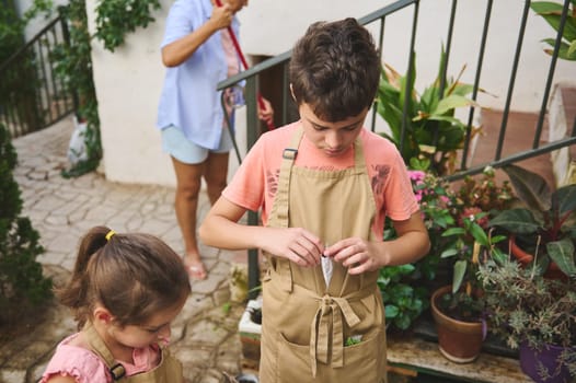Two children in aprons focus on gardening, surrounded by potted plants. The boy adjusts his apron while the girl looks on, embodying curiosity and learning in a natural setting.